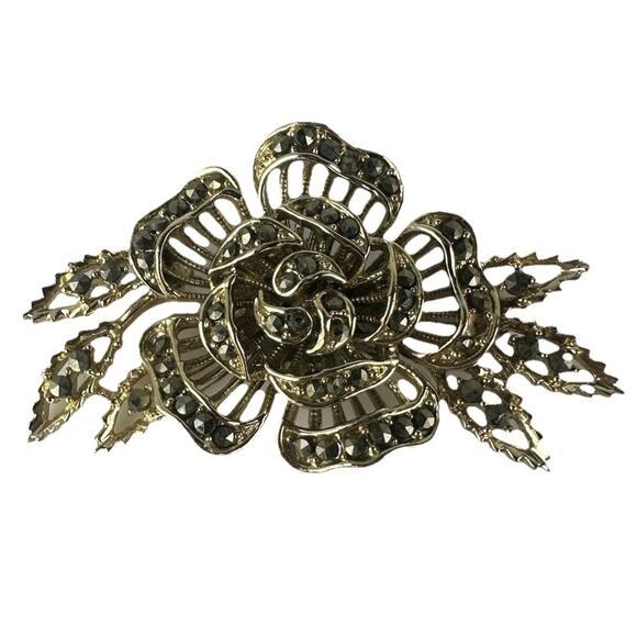 Vintage Signed Lisner Marcasite Rose Flower Leaf Costume Brooch Pin Silver Tone - Picture 1 of 6